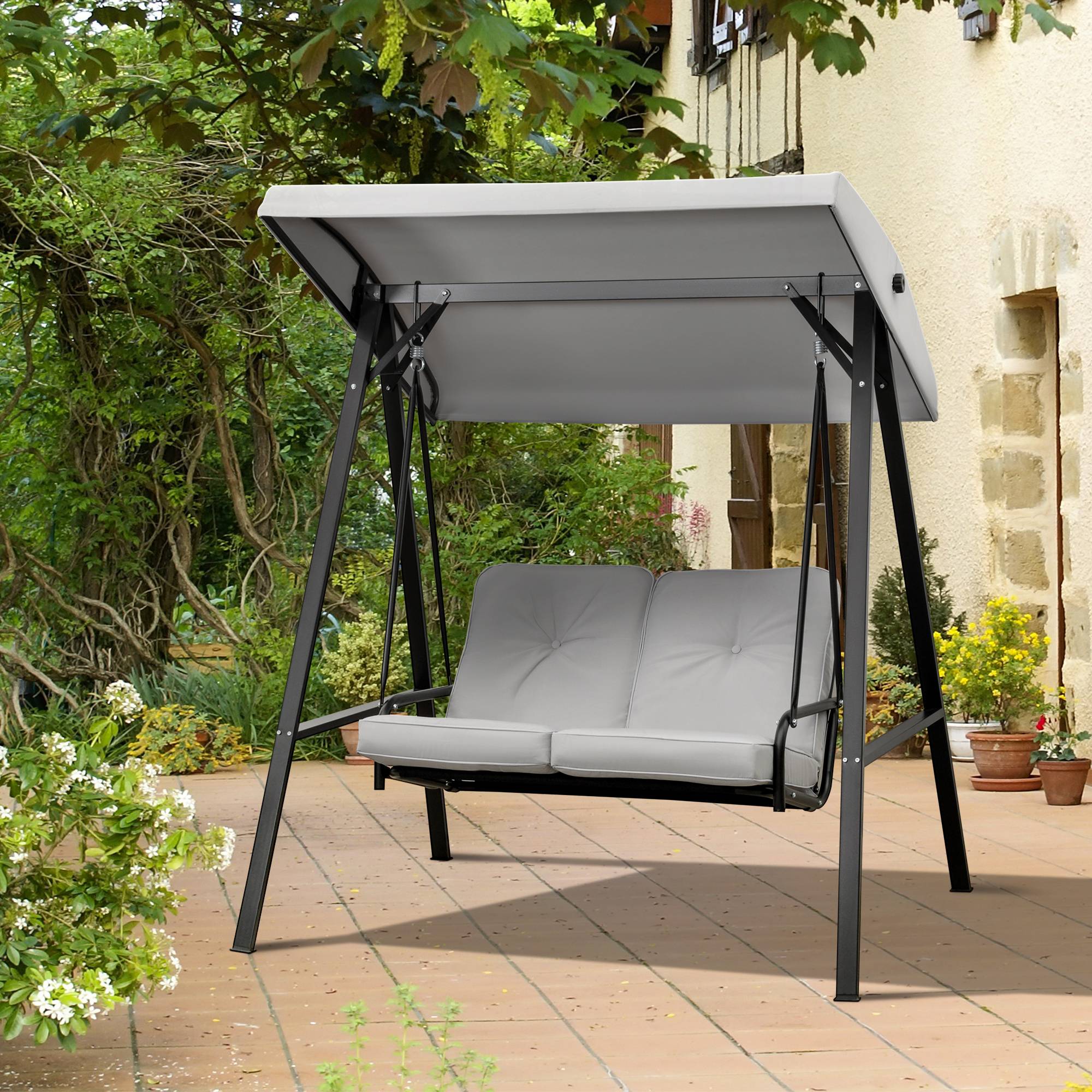 Outsunny - Balancelle de jardin 2 places grand confort coussins d'assise et dossier fournis accoudoirs pare-soleil gris - Outsunny - Imagen 2