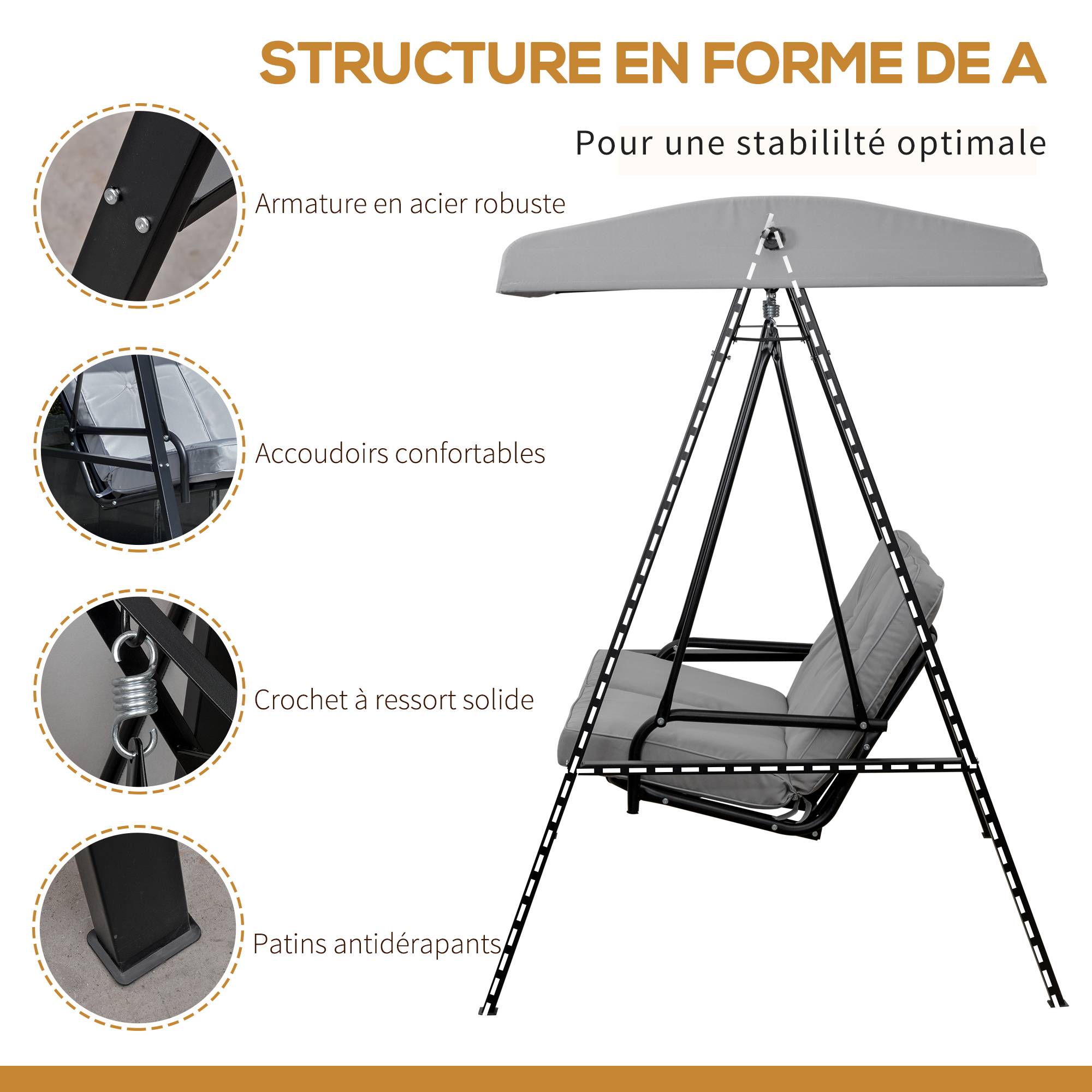 Outsunny - Balancelle de jardin 2 places grand confort coussins d'assise et dossier fournis accoudoirs pare-soleil gris - Outsunny - Imagen 5