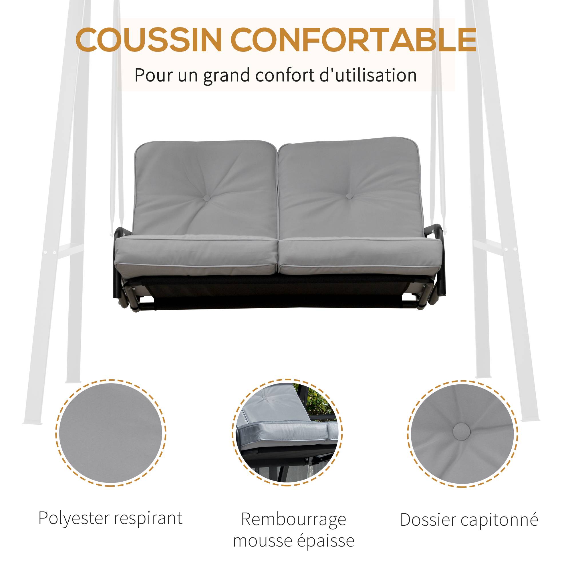 Outsunny - Balancelle de jardin 2 places grand confort coussins d'assise et dossier fournis accoudoirs pare-soleil gris - Outsunny - Imagen 6