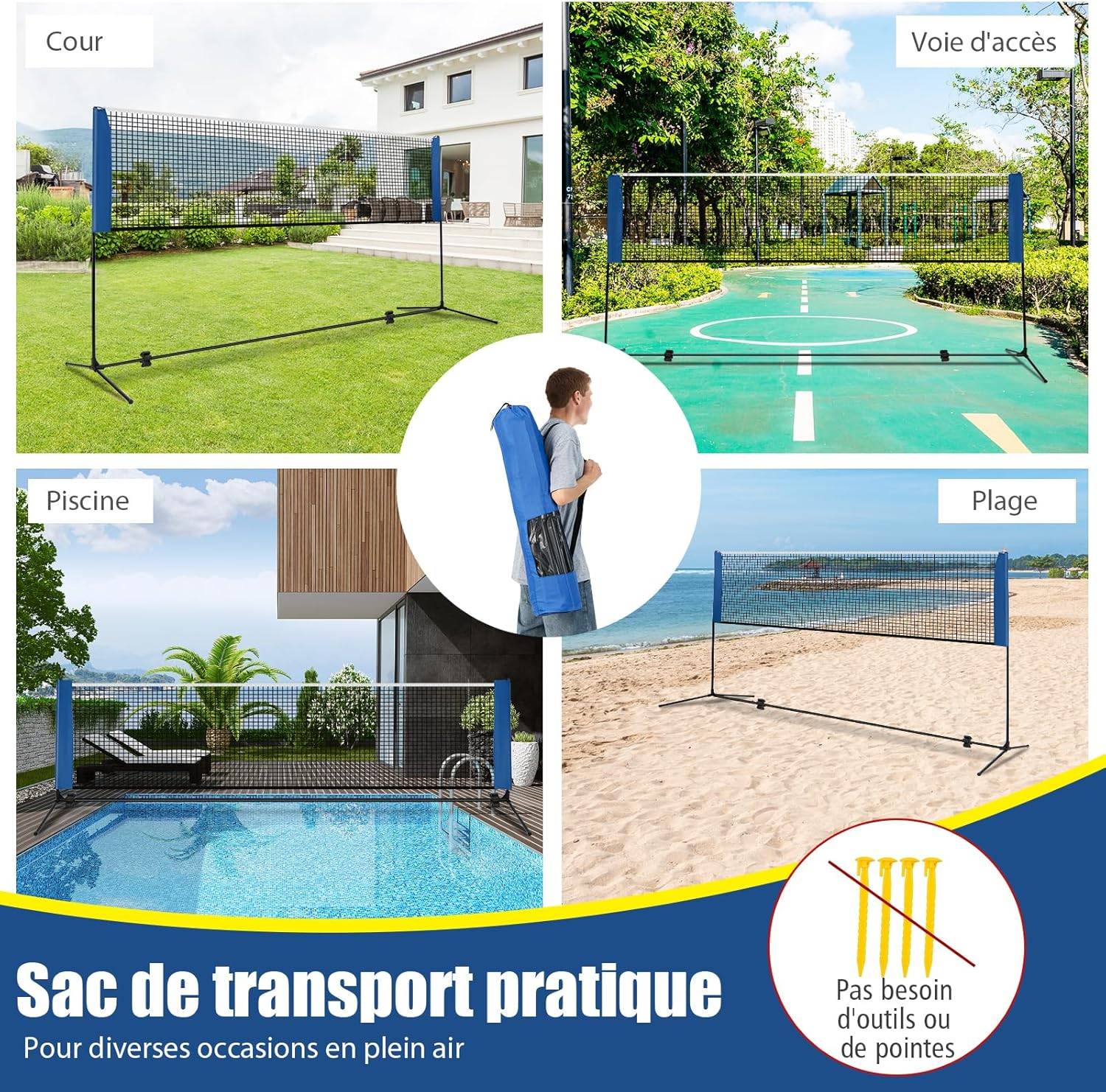 Filet de Badminton Portable 3,1M avec Raquettes, Hauteurs Réglable avec 2 Volants Repose-Pieds Coussinets de Serrage Sac de Transport - Imagen 7