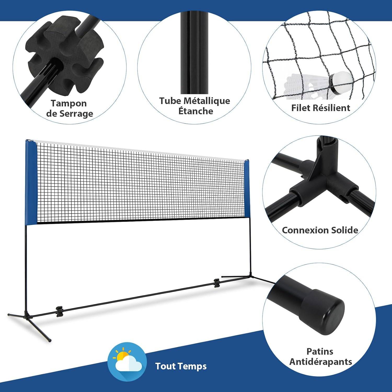 Filet de Badminton Portable 3,1M avec Raquettes, Hauteurs Réglable avec 2 Volants Repose-Pieds Coussinets de Serrage Sac de Transport - Imagen 3