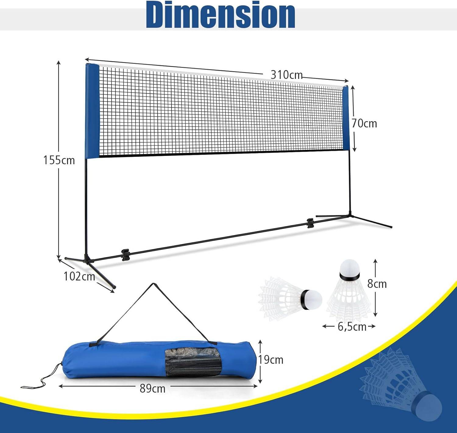 Filet de Badminton Portable 3,1M avec Raquettes, Hauteurs Réglable avec 2 Volants Repose-Pieds Coussinets de Serrage Sac de Transport - Imagen 5