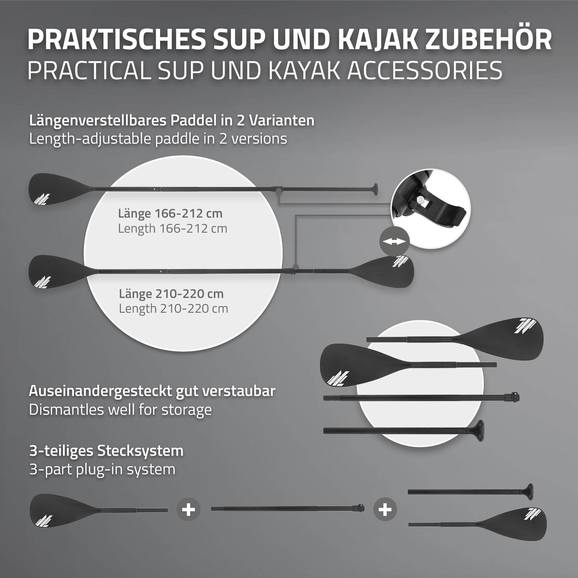 Pagaie de paddle 2 en 1 réglable pour SUP/kayak divisé à 4 sections en aluminium rame télescopique pale en plastique robuste facile à transporter - Image 3