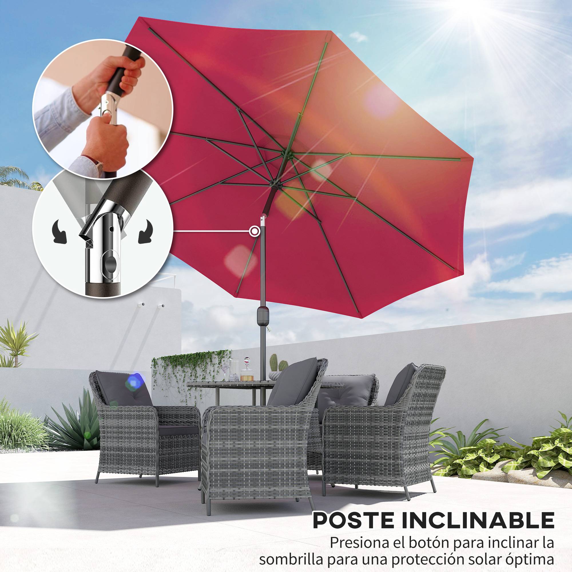 Parasol jardin Ø295x250 cm, manivelle, inclinable, mât métallique amovible, terrasse piscine patio, rouge bordeaux - Image 6