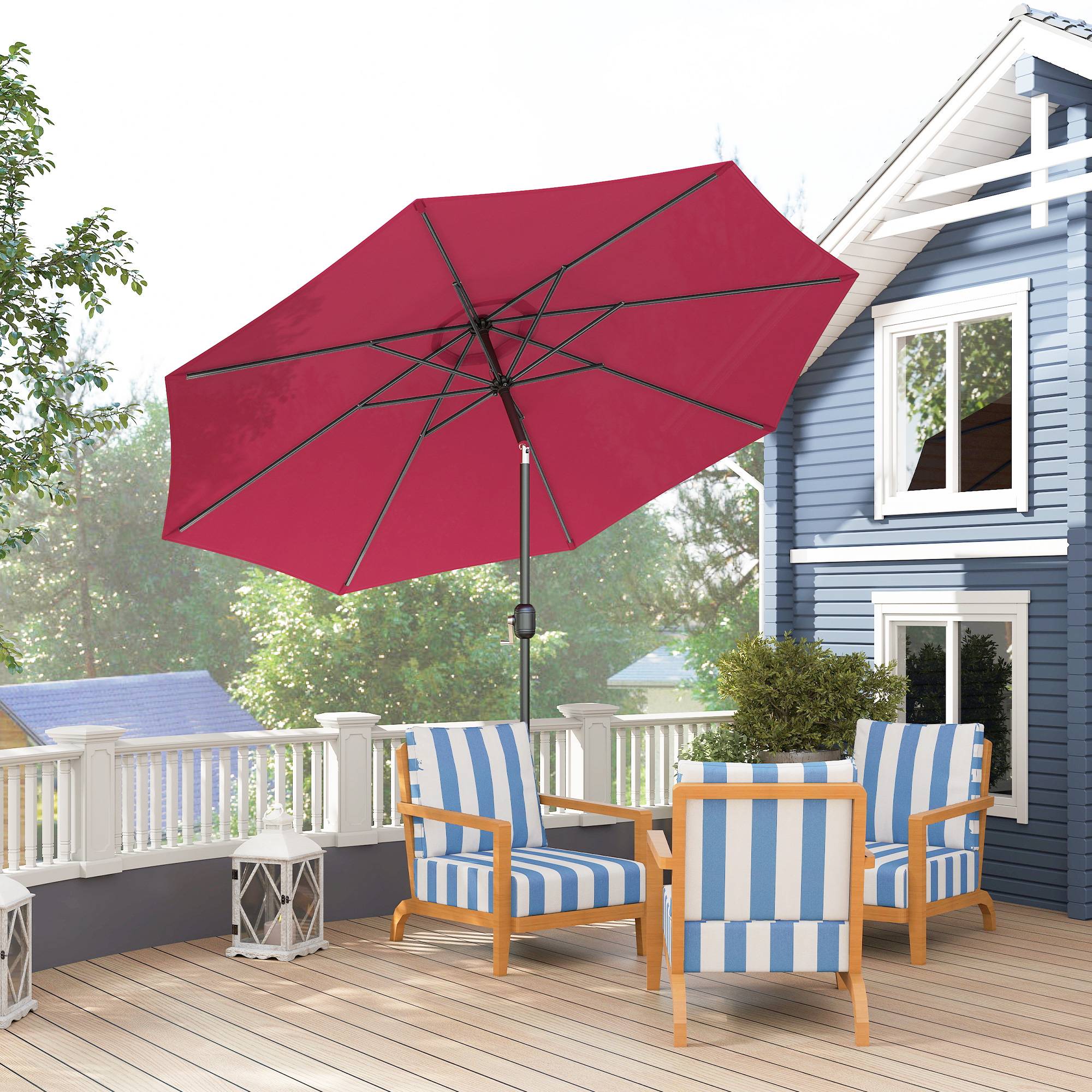 Parasol jardin Ø295x250 cm, manivelle, inclinable, mât métallique amovible, terrasse piscine patio, rouge bordeaux - Image 4