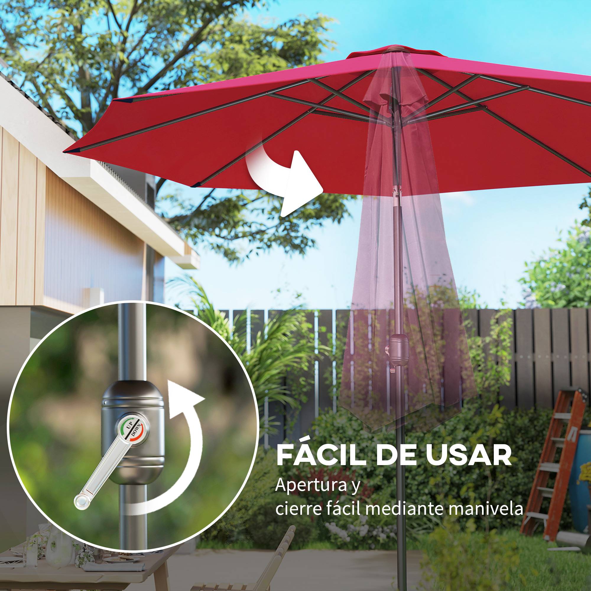 Parasol jardin Ø295x250 cm, manivelle, inclinable, mât métallique amovible, terrasse piscine patio, rouge bordeaux - Image 7