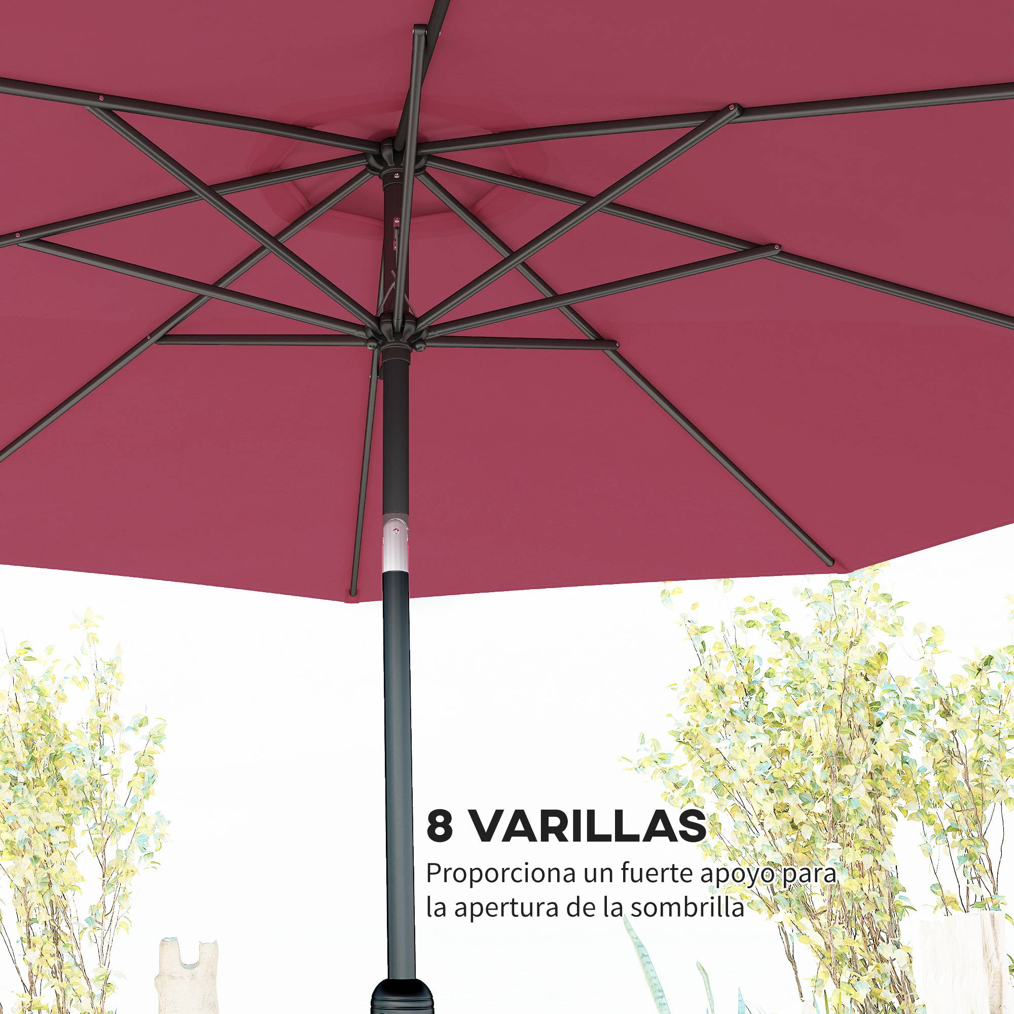 Parasol jardin Ø295x250 cm, manivelle, inclinable, mât métallique amovible, terrasse piscine patio, rouge bordeaux - Image 9