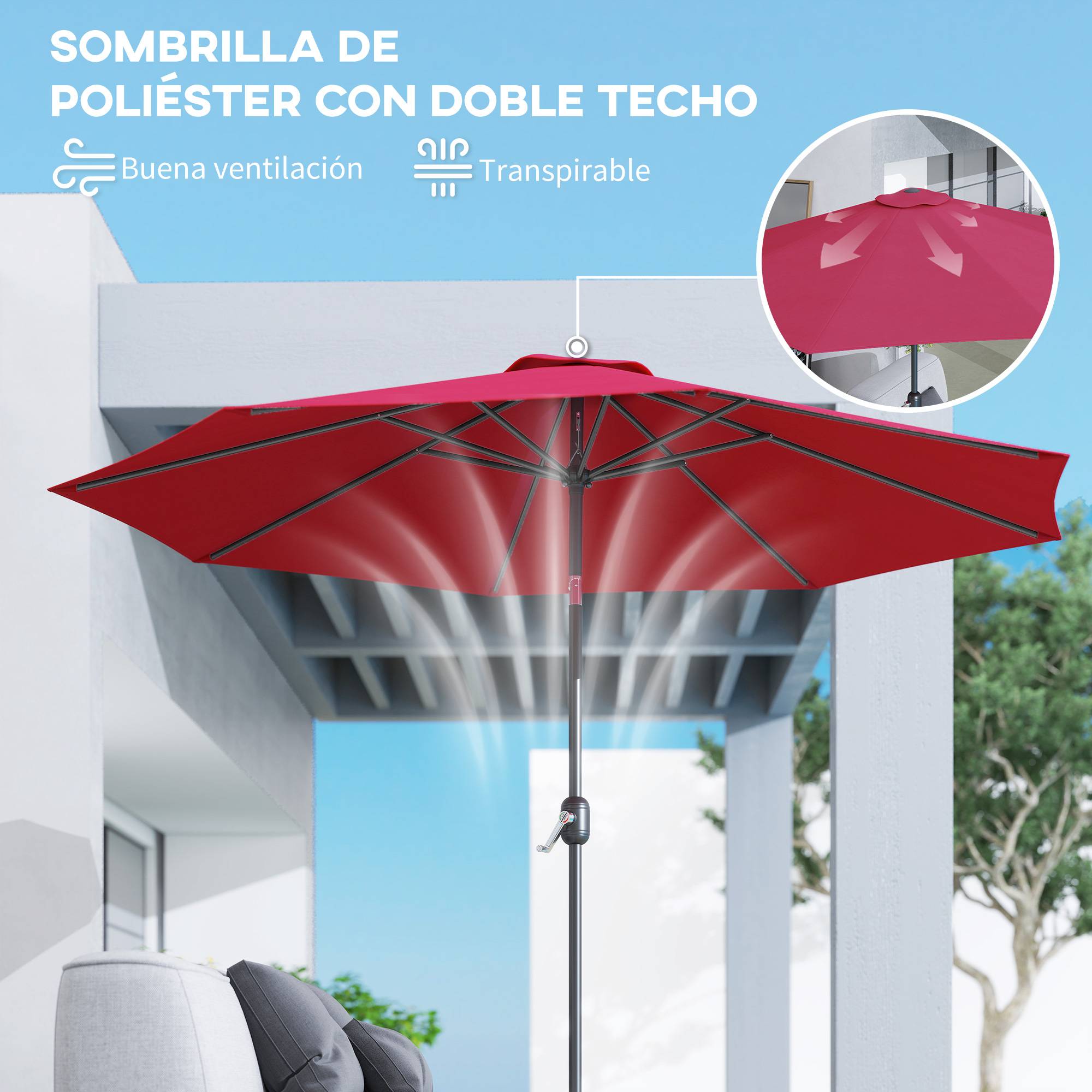 Parasol jardin Ø295x250 cm, manivelle, inclinable, mât métallique amovible, terrasse piscine patio, rouge bordeaux - Image 10