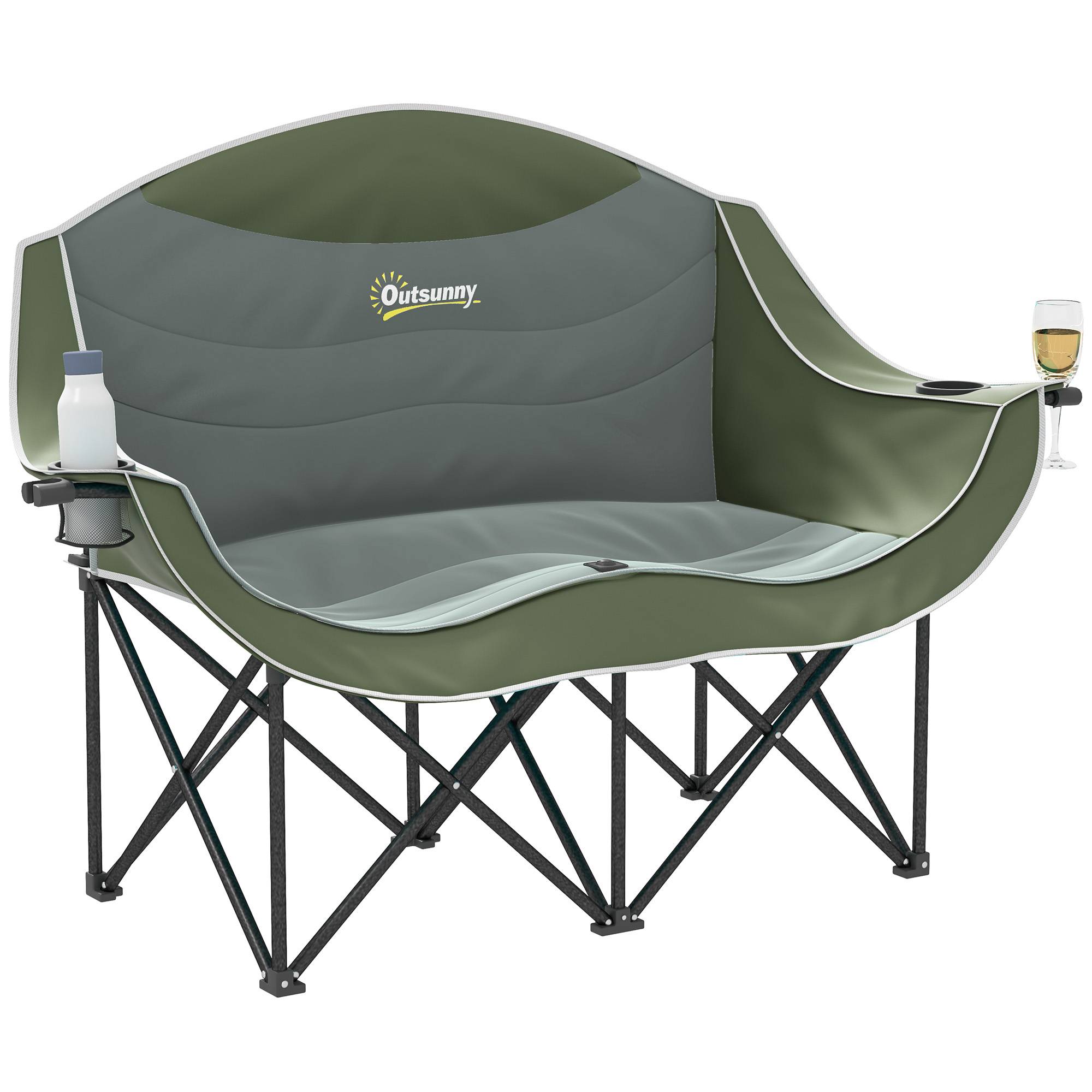 Chaise camping 2 places avec porte-gobelet et sac de transport, charge 250 kg, fauteuil double extérieur verte