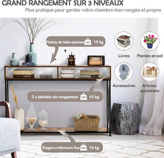 Table Console Entrée Industrielle 120 Cm – Style Vintage Bois Noyer & Métal, Multi-Rangements, Meuble Élégant Salon Ou Couloir