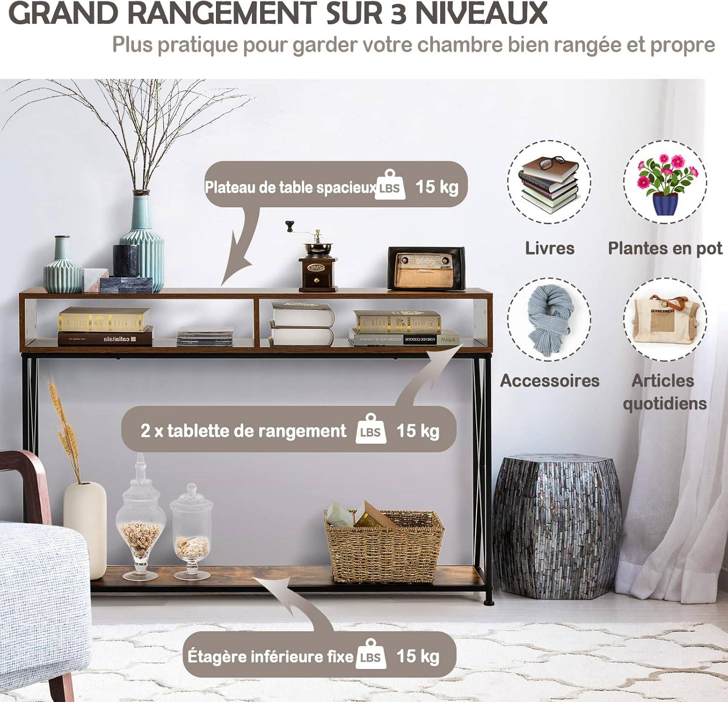 Table Console Entrée Industrielle 120 Cm – Style Vintage Bois Noyer & Métal, Multi-Rangements, Meuble Élégant Salon Ou Couloir