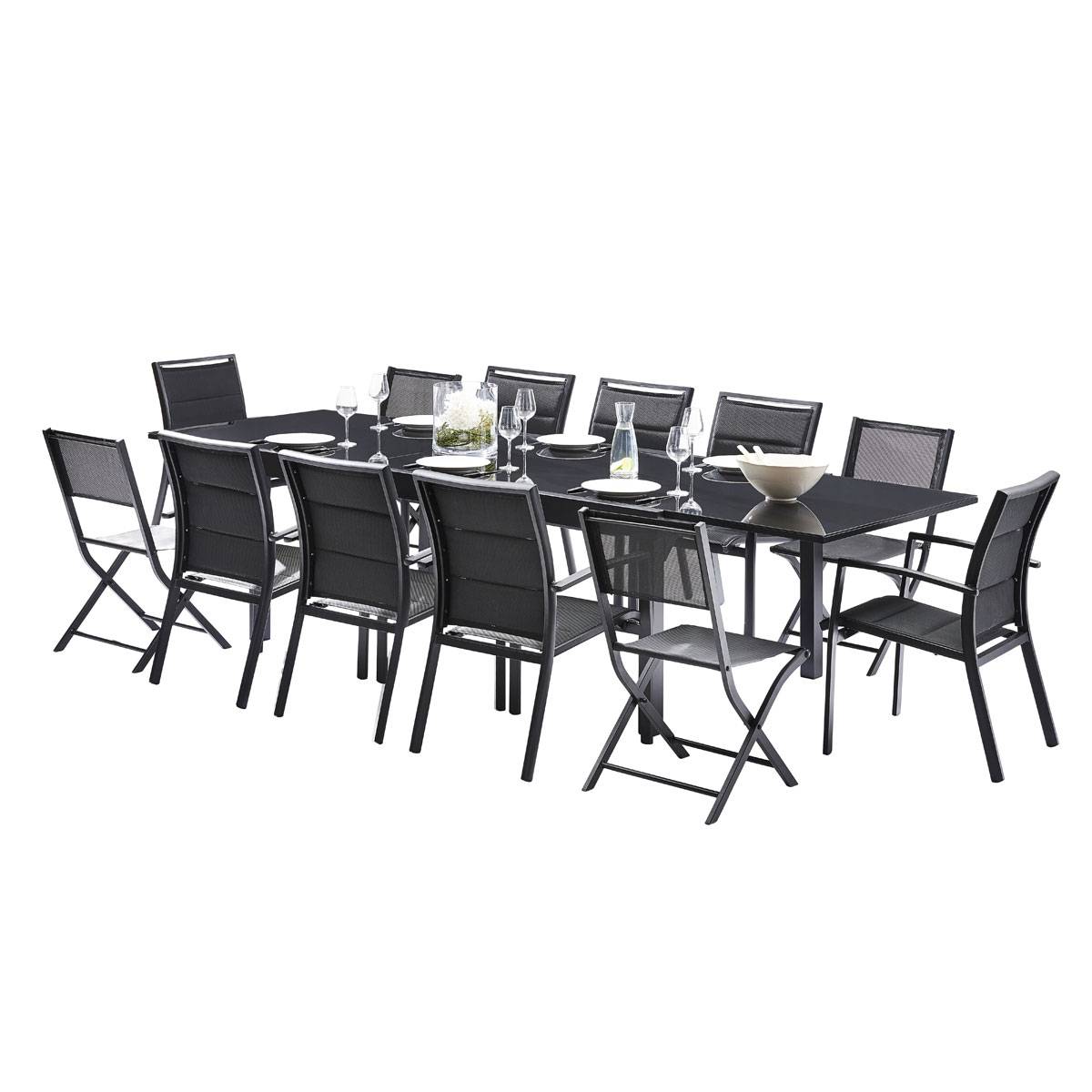 Wilsa Garden - Ensemble MODULO 8/12p en aluminium noir et verre noir et 8 fauteuils en aluminium et 4 chaises pliantes en aluminium et textilène - Imagen 1