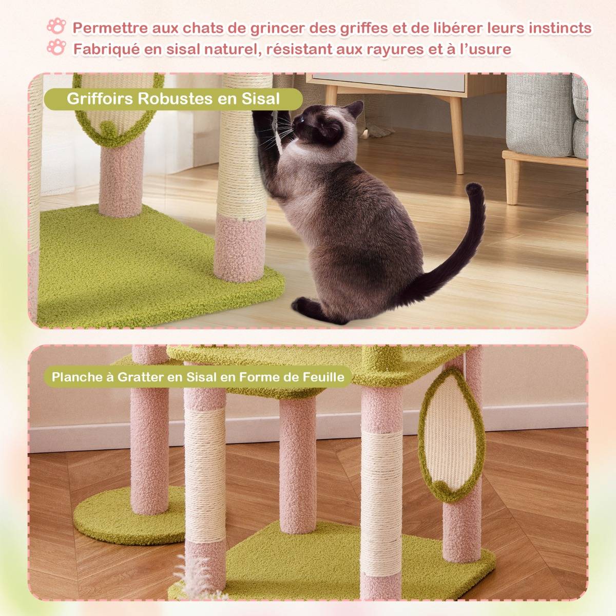 Arbre à Chat Tour pour Chat de 148 cm de Hauteur Esthétique à Plusieurs Niveaux avec Perchoir Supérieur Rembourré Rose - Image 7