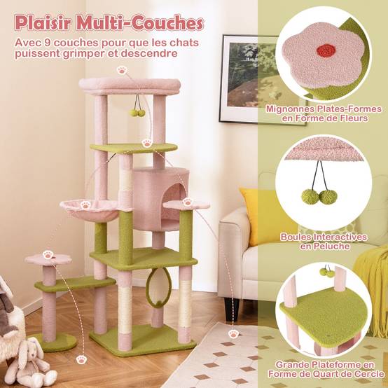 Arbre à chat robuste de 177,8 cm pour grands chats avec jouets, tour à Arbre à chat robuste de 177,8 cm pour grands chats avec jouets, tour à