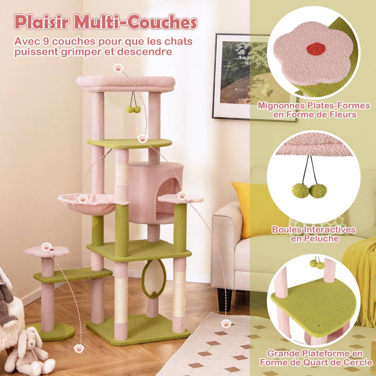 Arbre à chat robuste de 177,8 cm pour grands chats avec jouets, tour à