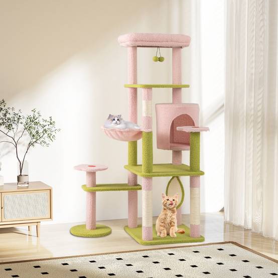Arbre à Chat Tour pour Chat de 148 cm de Hauteur Esthétique à Plusieurs Niveaux avec Perchoir Supérieur Rembourré Rose - Image 3