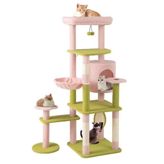 Arbre à Chat Tour pour Chat de 148 cm de Hauteur Esthétique à Plusieurs Niveaux avec Perchoir Supérieur Rembourré Rose - Image 1