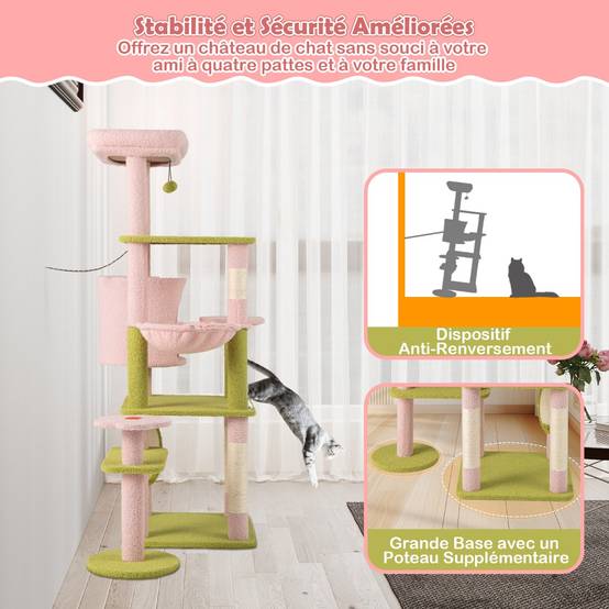 Arbre à Chat Tour pour Chat de 148 cm de Hauteur Esthétique à Plusieurs Niveaux avec Perchoir Supérieur Rembourré Rose - Image 6