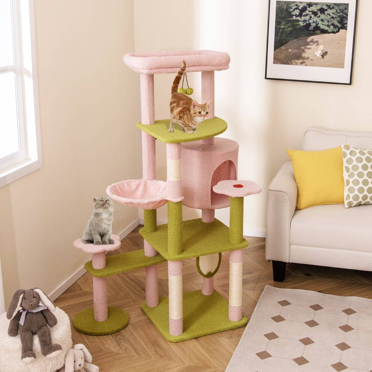 Arbre à Chat Tour pour Chat de 148 cm de Hauteur Esthétique à Plusieurs Niveaux avec Perchoir Supérieur Rembourré Rose - Image 2