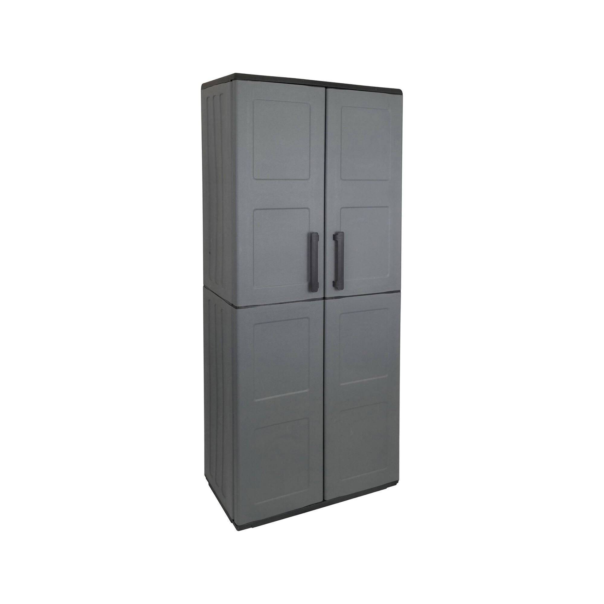 Dmora - Armoire d'extérieur Geel, Armoire porte-balai polyvalente, Armoire d'extérieur 2 portes, Finition damier, 68x37h163 cm, Gris et Noir - Dmora - Imagen 1