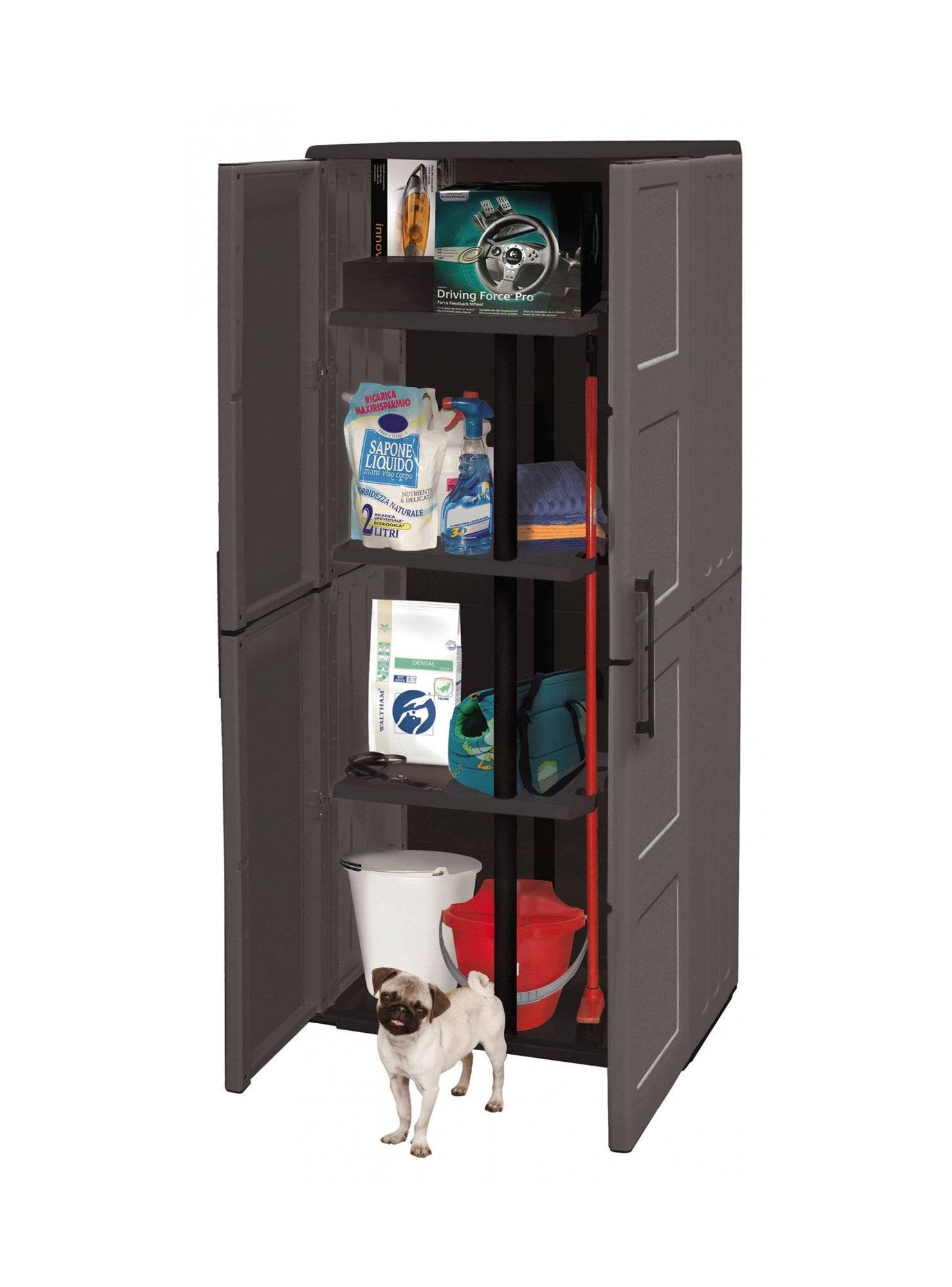 Dmora - Armoire d'extérieur Geel, Armoire porte-balai polyvalente, Armoire d'extérieur 2 portes, Finition damier, 68x37h163 cm, Gris et Noir - Dmora - Imagen 6