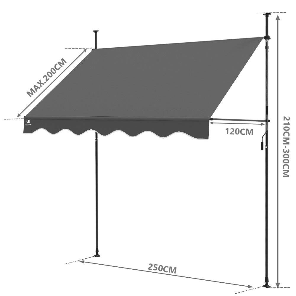 Auvent rétractable manuel sans perçage 250cm gris - Store banne hauteur et inclinaison réglable - VOUNOT® - Image 3