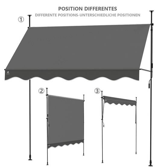 Auvent rétractable manuel sans perçage 250cm gris - Store banne hauteur et inclinaison réglable - VOUNOT® - Image 7