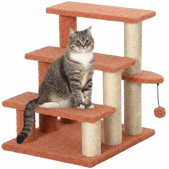 Arbre à chat, escalier pour animaux, 3 marches, balle, jusqu'à 5 kg, 45x40x48cm, marron - Image 1