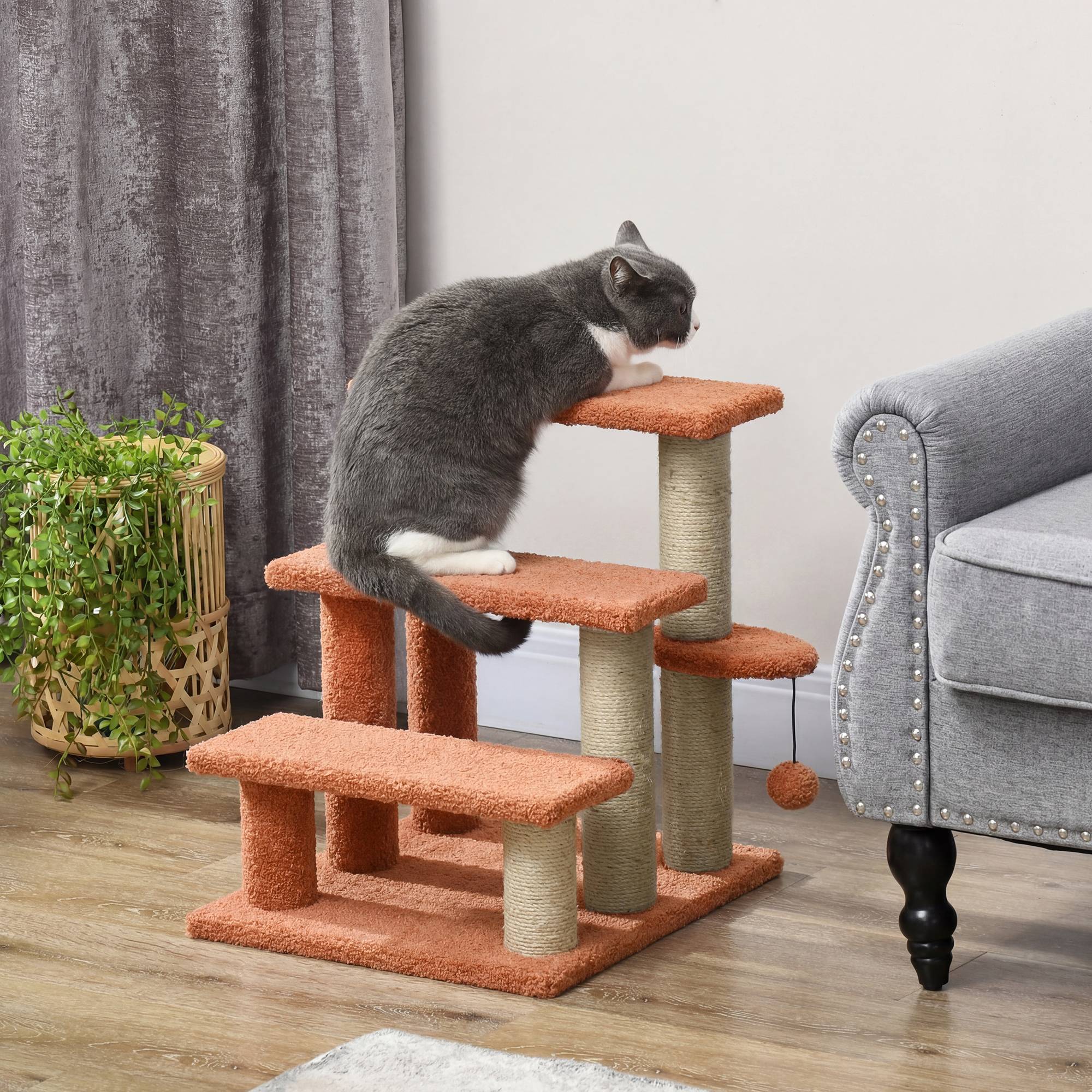 Arbre à chat, escalier pour animaux, 3 marches, balle, jusqu'à 5 kg, 45x40x48cm, marron - Image 3