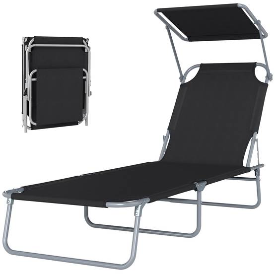 Sans Marque - Transat bain de soleil pliable, grand confort, dossier multi‑positions et pare‑soleil réglable, dimensions 187 x 58 x 36 cm, couleur noir - Image 1