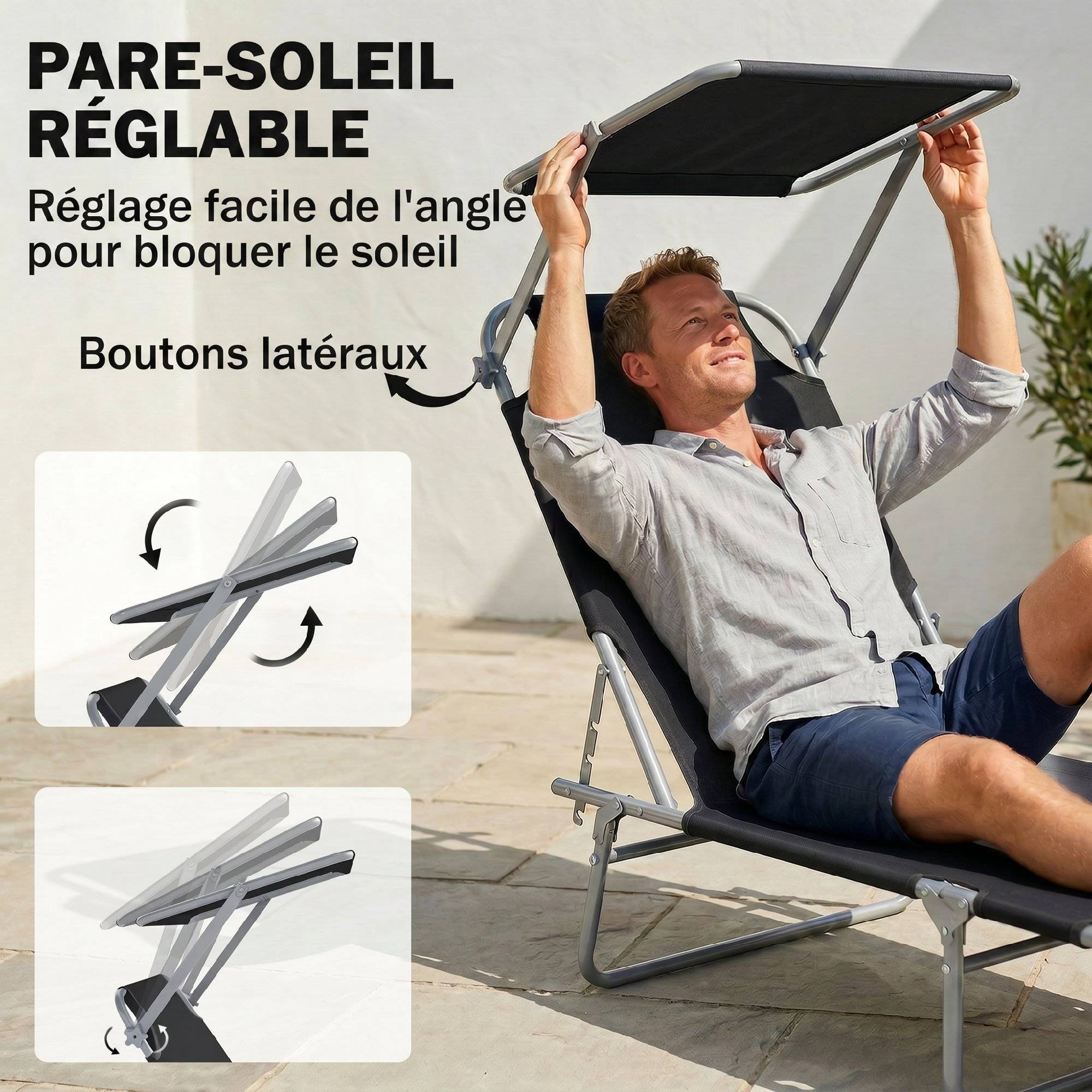 Sans Marque - Transat bain de soleil pliable, grand confort, dossier multi‑positions et pare‑soleil réglable, dimensions 187 x 58 x 36 cm, couleur noir - Image 5