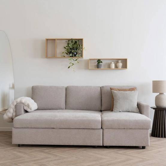 Canapé Convertible Méridienne-coffre Réversible en Tissu Beige - SAREK - Image 9
