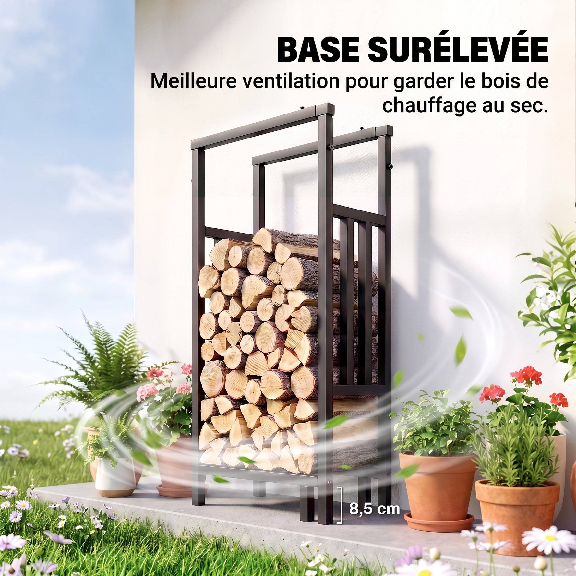 Range Bûches en Acier, Largeur & Hauteur Réglables, Étagère pour Bois de Cheminée, Charge 100 kg, 75,5x25x170cm, Noir - Image 8