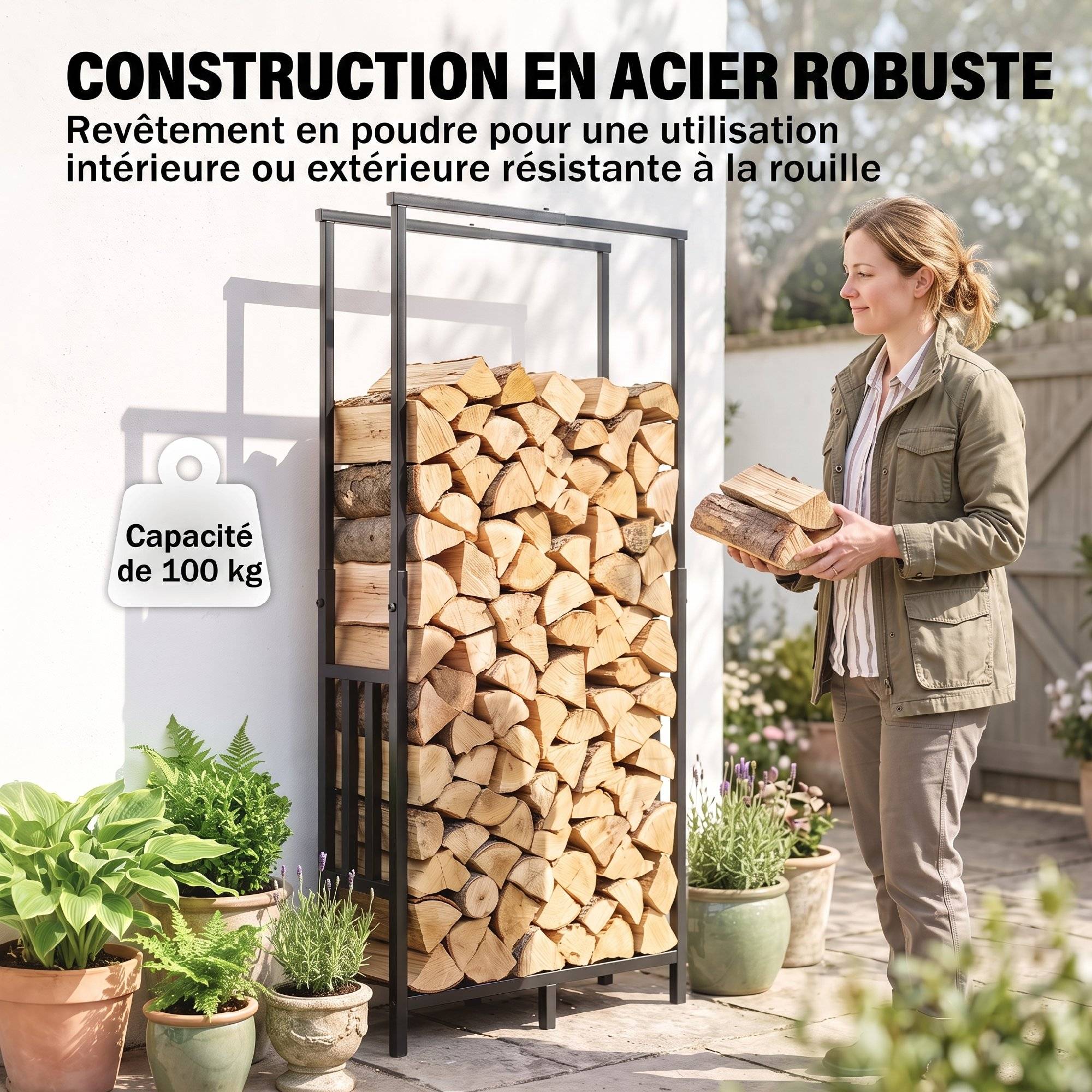 Range Bûches en Acier, Largeur & Hauteur Réglables, Étagère pour Bois de Cheminée, Charge 100 kg, 75,5x25x170cm, Noir - Image 7