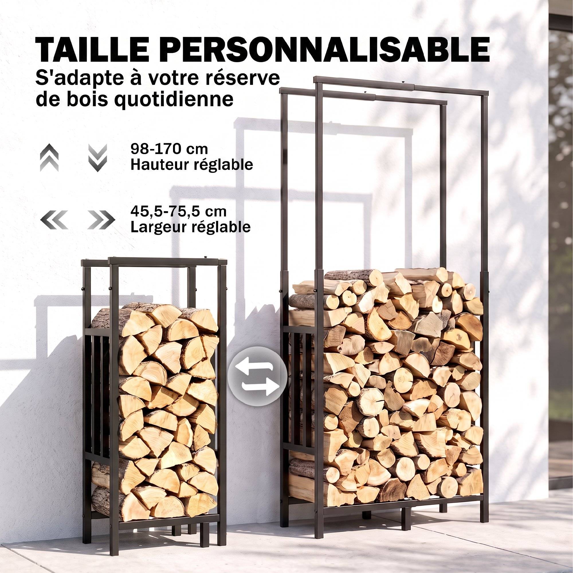 Range Bûches en Acier, Largeur & Hauteur Réglables, Étagère pour Bois de Cheminée, Charge 100 kg, 75,5x25x170cm, Noir - Image 6