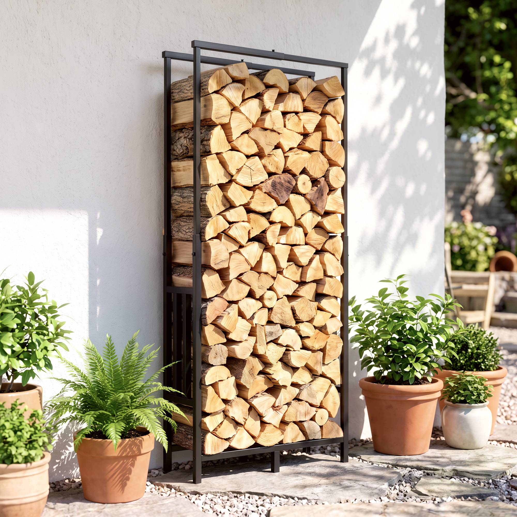 Range Bûches en Acier, Largeur & Hauteur Réglables, Étagère pour Bois de Cheminée, Charge 100 kg, 75,5x25x170cm, Noir - Image 3