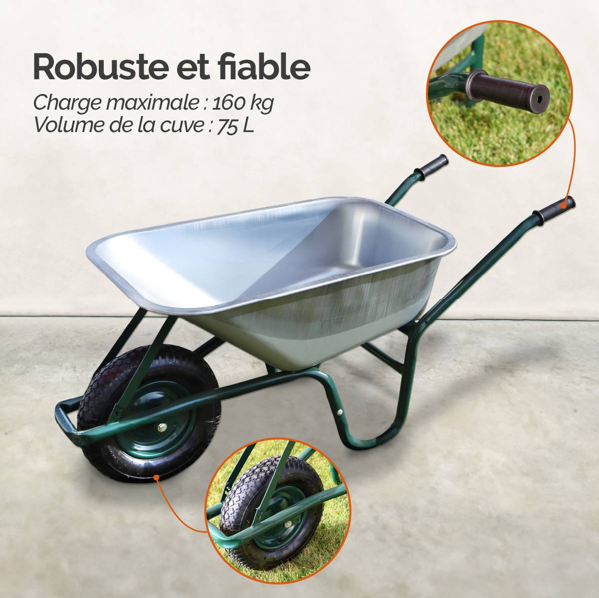 Brouette de jardin, de chantier tout terrain - 75 L - 160 Kg - Acier galvanisé - Linxor - Image 3