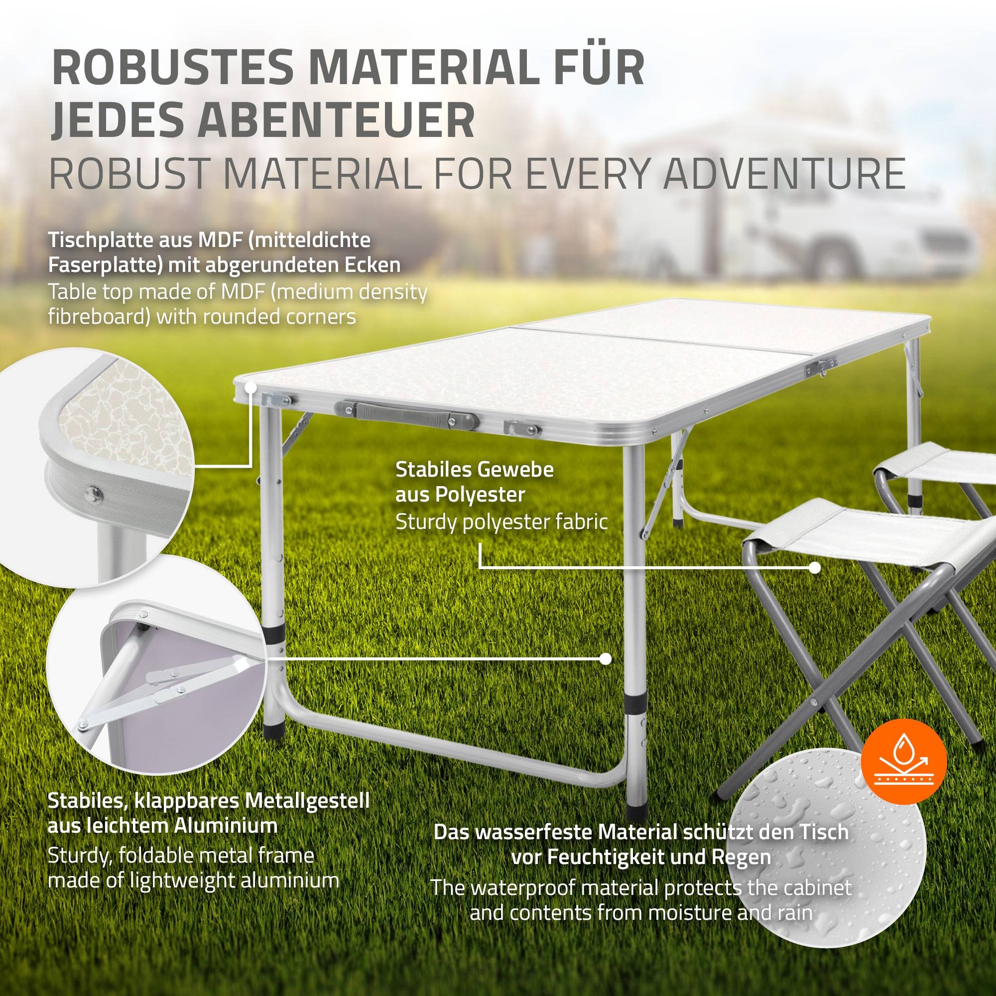 Ecd-Germany - Set Table + 4 Chaises De Camping - Table Pliante Pliable Portable - 120 Cm - En Aluminium et MDF - Couleur Blanc/Crème - Imagen 7