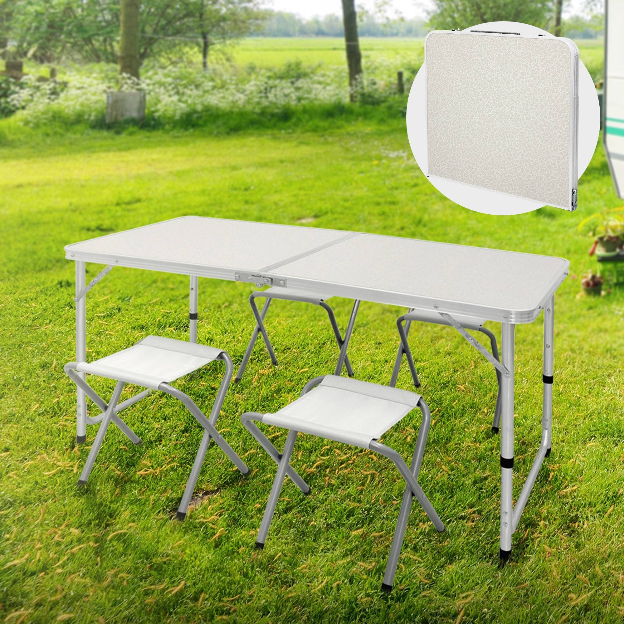 Ecd-Germany - Set Table + 4 Chaises De Camping - Table Pliante Pliable Portable - 120 Cm - En Aluminium et MDF - Couleur Blanc/Crème - Imagen 2