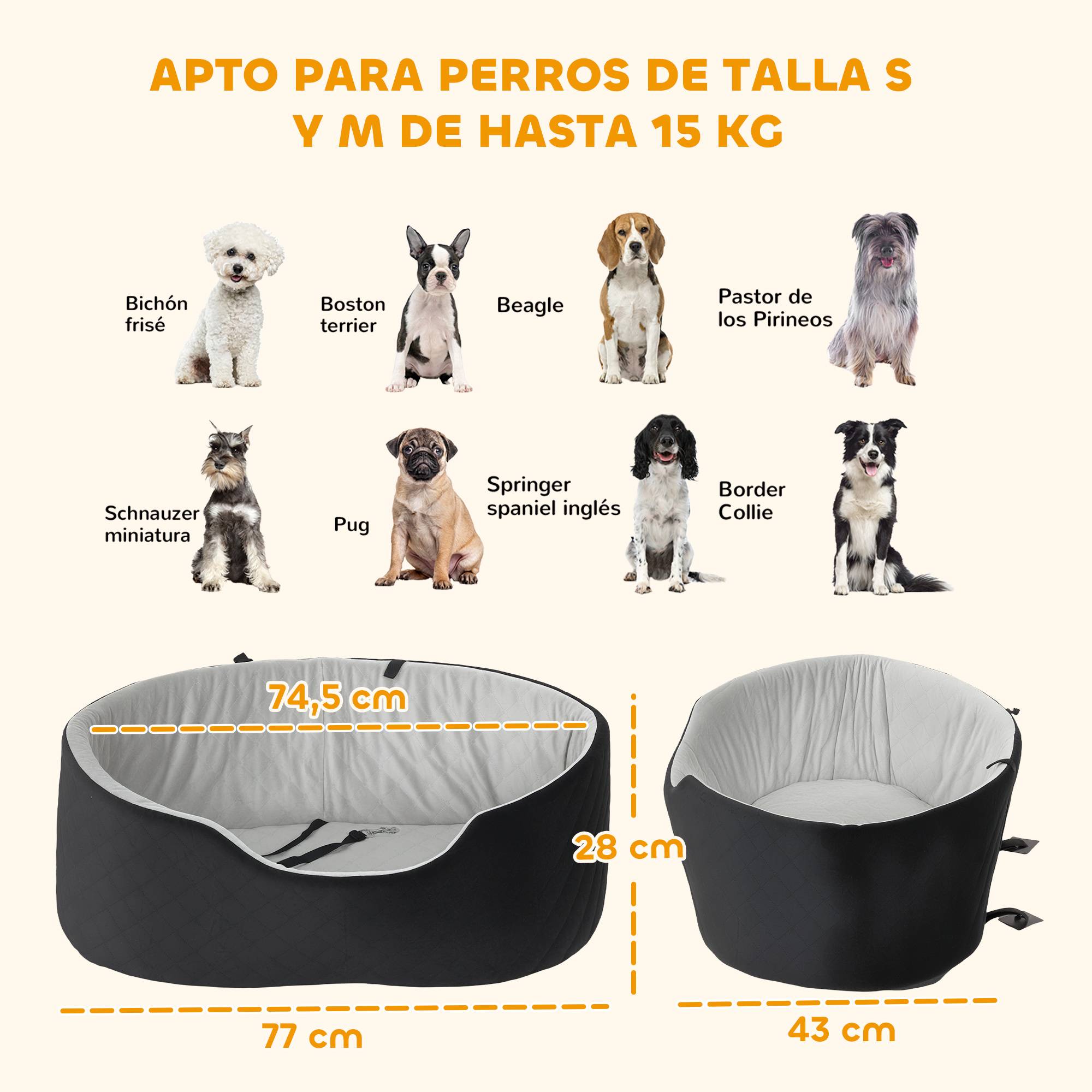 Siège auto pour chiens de petite et moyenne taille jusqu'à 15 kg, avec housse amovible et lavable, base antidérapante, noir. - Image 5