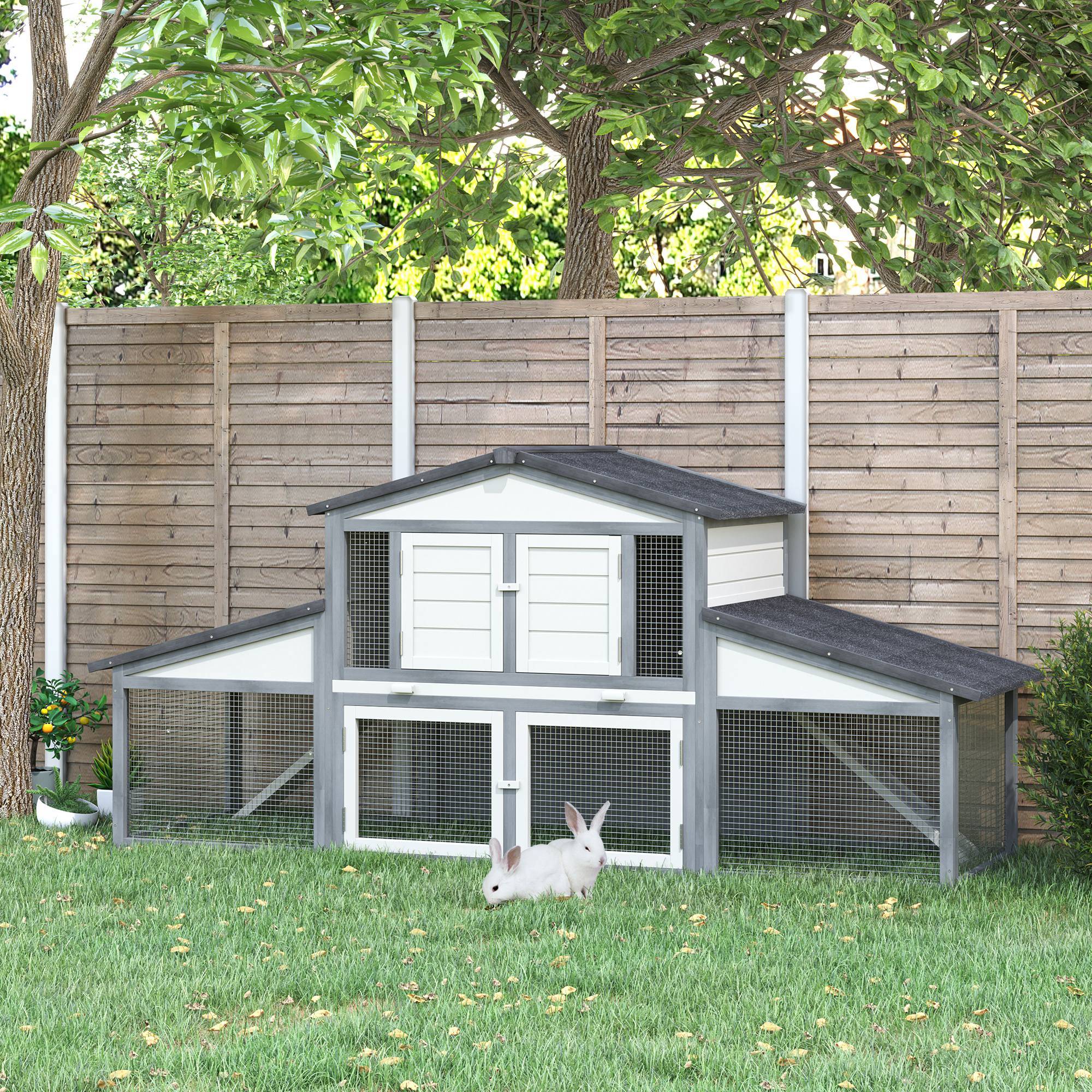 Clapier lapin rongeurs bois extérieur toit imperméable gris blanc 225x70x100cm - ComfortXL Outdoor Living - Image 4
