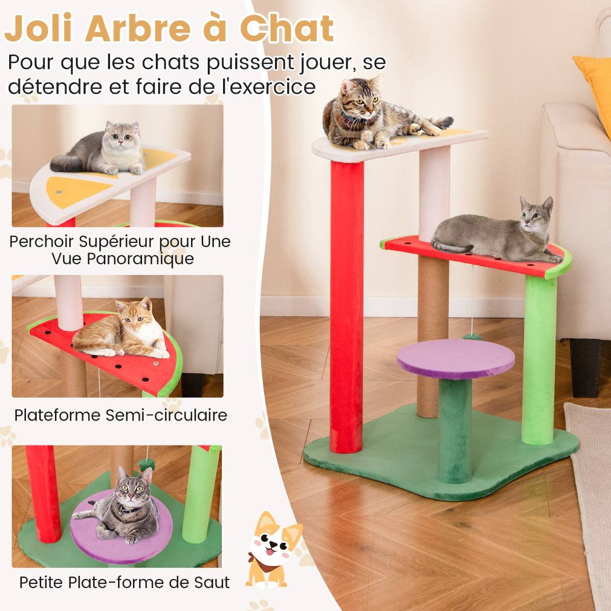 Arbre à Chat Mignon de 69cm Tour pour Chat Multiniveau Esthétique en Fruits avec Plateformes - Image 4