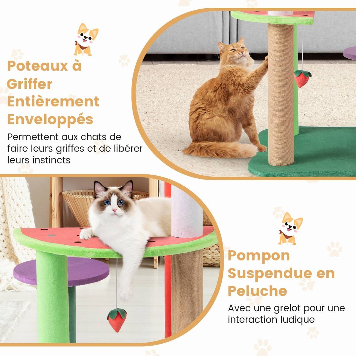 Arbre à Chat Mignon de 69cm Tour pour Chat Multiniveau Esthétique en Fruits avec Plateformes - Image 6