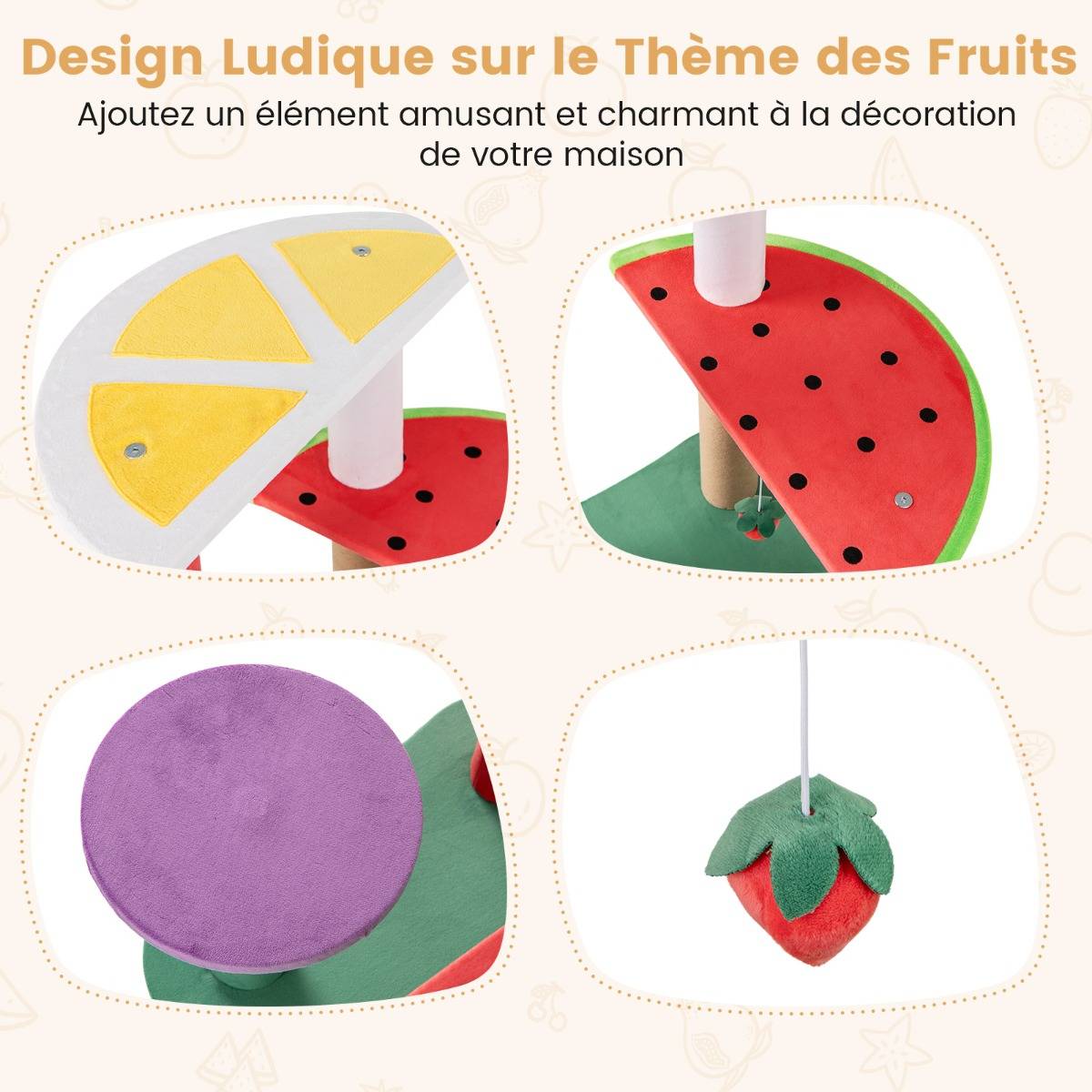 Arbre à Chat Mignon de 69cm Tour pour Chat Multiniveau Esthétique en Fruits avec Plateformes - Image 5