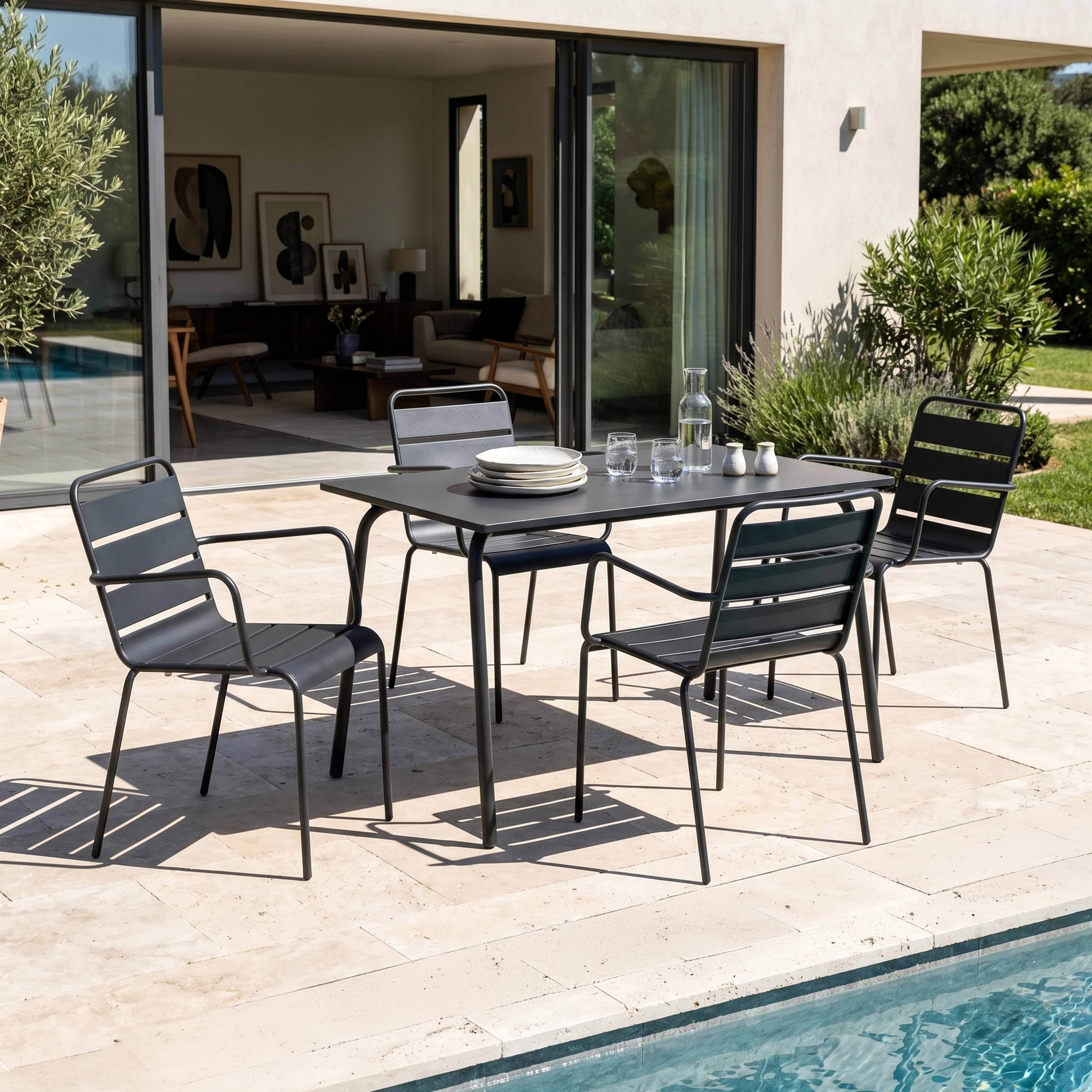 Oviala - Ensemble table de jardin et 4 fauteuils en métal anthracite Palavas - Oviala - Imagen 2