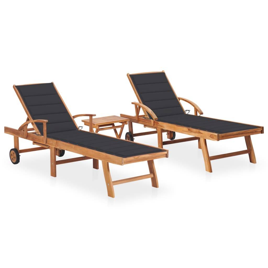 Helloshop26 - Lot de 2 transats chaise longue bain de soleil lit de jardin terrasse meuble d'extérieur avec table et coussin bois de teck solide - Imagen 1