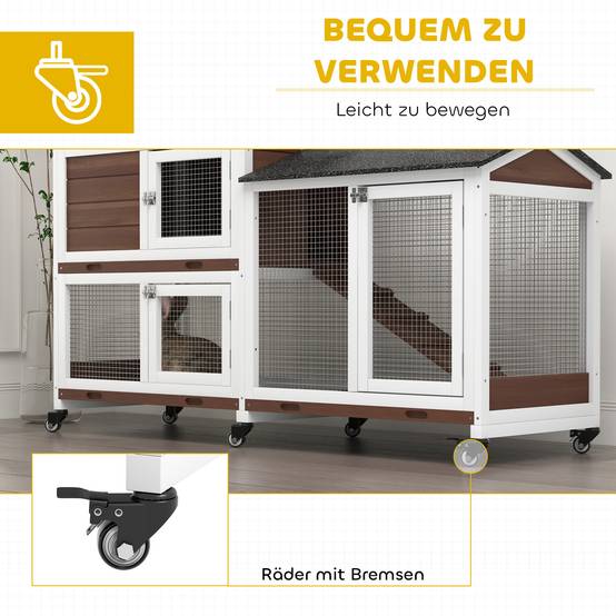 Clapier à roulettes pour lapins nains, en bois et acier, toit bitumé, enclos extérieur, abri pour petits animaux, marron - Image 7