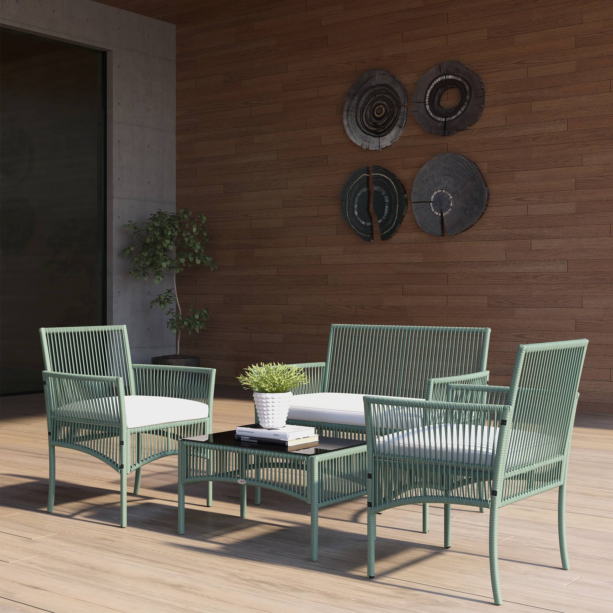 Salon de jardin 4 pièces résine tressée balcon détente table verre trempé vert - ComfortXL Outdoor Living - Image 4