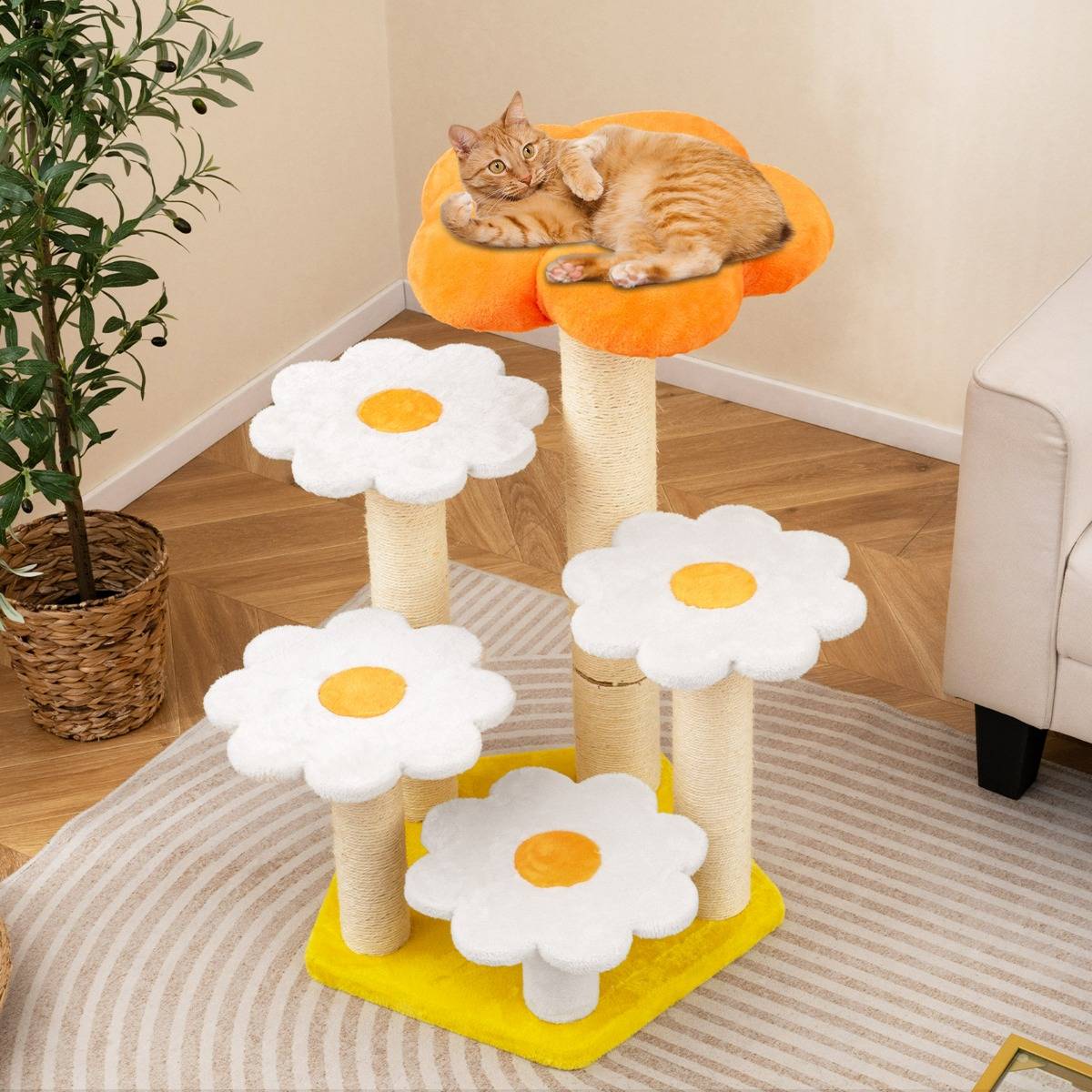 Arbre à Chat Fleur Mignon pour Chats d'Intérieur avec Perchoir en Peluche Confortable Poteaux - Image 2