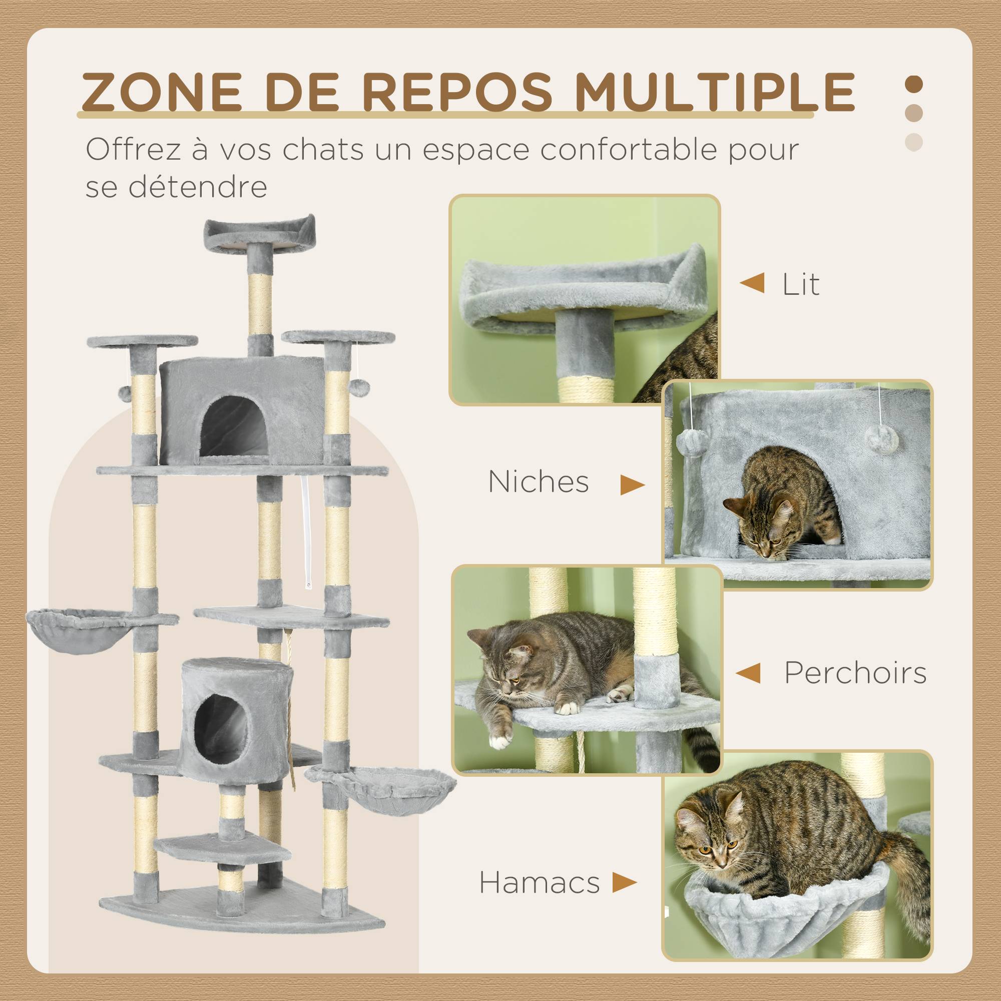 Arbre à chat XXL panneaux particules pour grands espaces jeux 60x60x200cm gris - ComfortXL Outdoor Living - Image 6